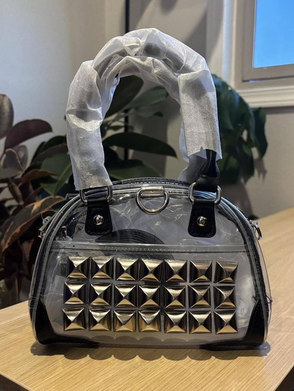 Dolls Kill Clear Dome Mini Bag with Black Trim & Silver Studs